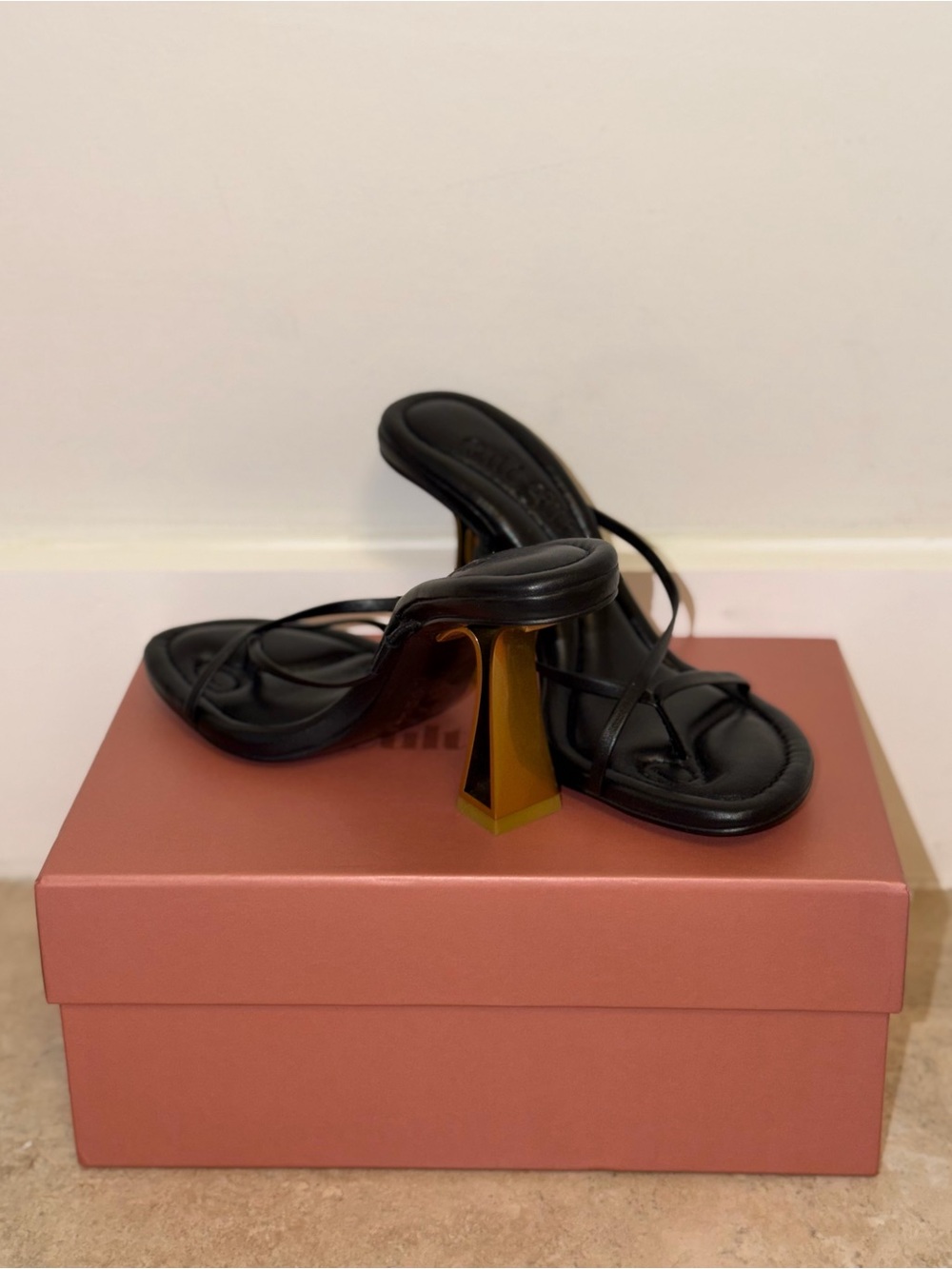 cult gaia Black Leather Strappy Mule with Gold Sculpted Heel